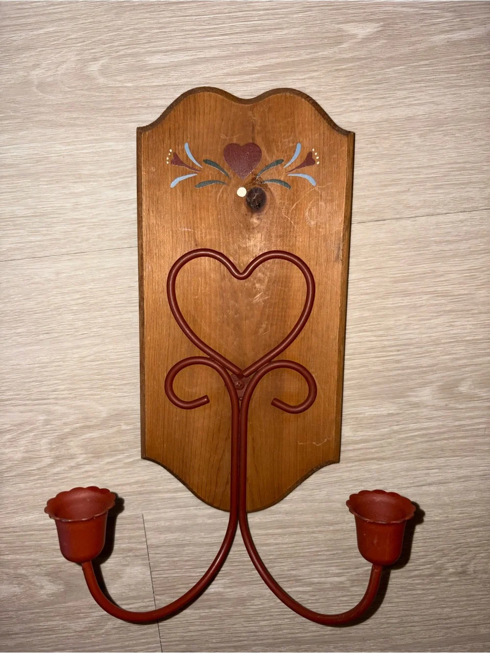 Rust Red Heart Wall Candle Sconce on Wood Backing & Two Wood Hearts!❤️🤎🩵